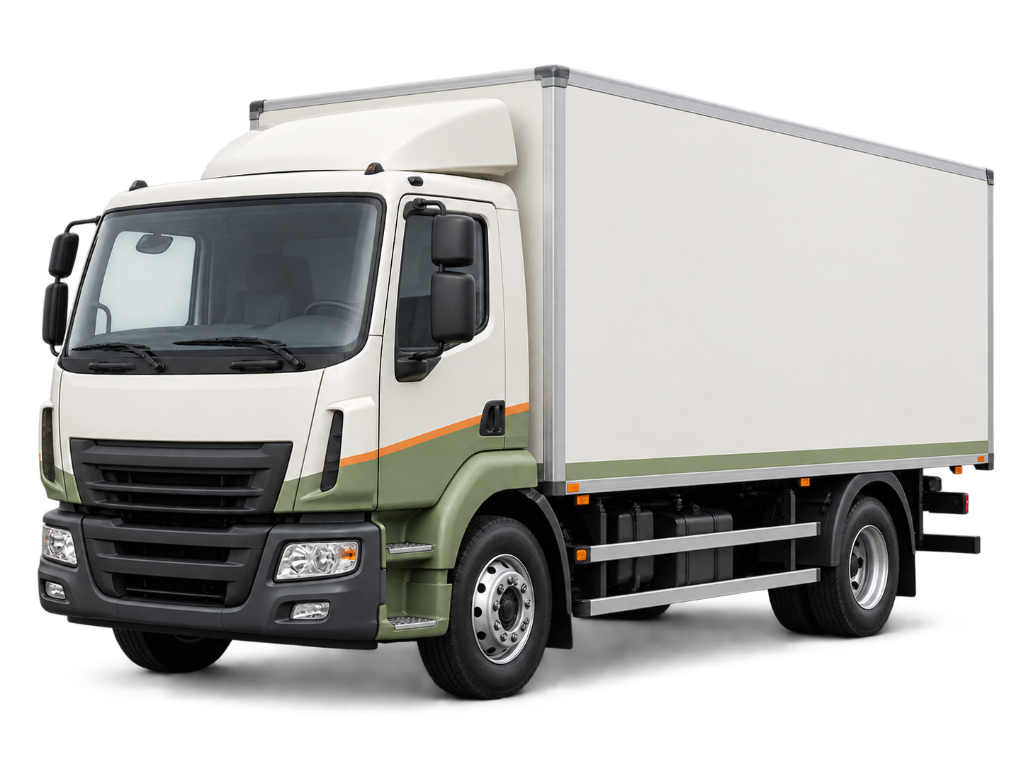 Illustration réaliste d’un camion porteur standard blanc, avec des touches vert sauge et orange.